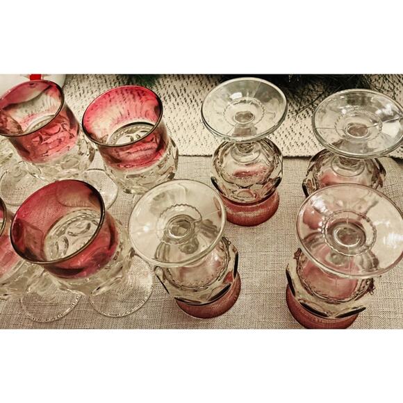 ELEVEN (11) 4" Tall King's Crown Thumbprint Line Cranberry Flashed Wine Glasses - Picture 4 of 7